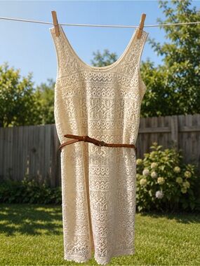 Cream Crocheted Sleeveless Dress with Belt